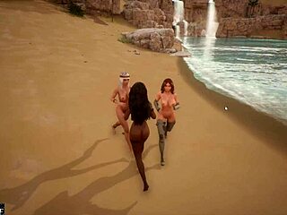 Kolme tyttöä nauttia villi ranta kolmikko