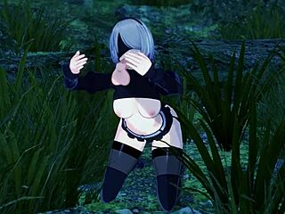 Pertemuan liar Yorha 2B di hutan dalam parodi Nier Automata