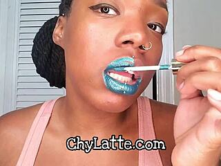 Watch me put on a mouth-watering teal lipstick and worship my full natural lips in this hot POV video