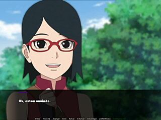 Sarada, o tânără brunetă, devine obraznică cu Naruto și partenerul ei de antrenament