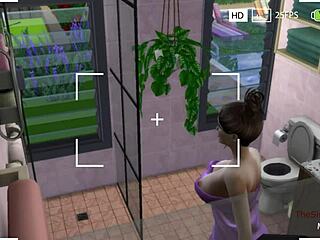 Vídeo de espião de desenho animado captura uma mulher tomando banho na série Sims 4