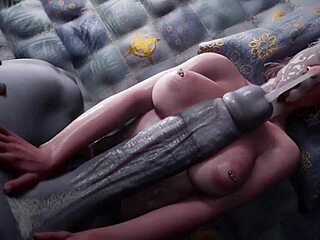 Un vizitator sexy cu aripi face sex cu o femeie - Hentai animat cu un penis mare pe finisaj feminin și facial